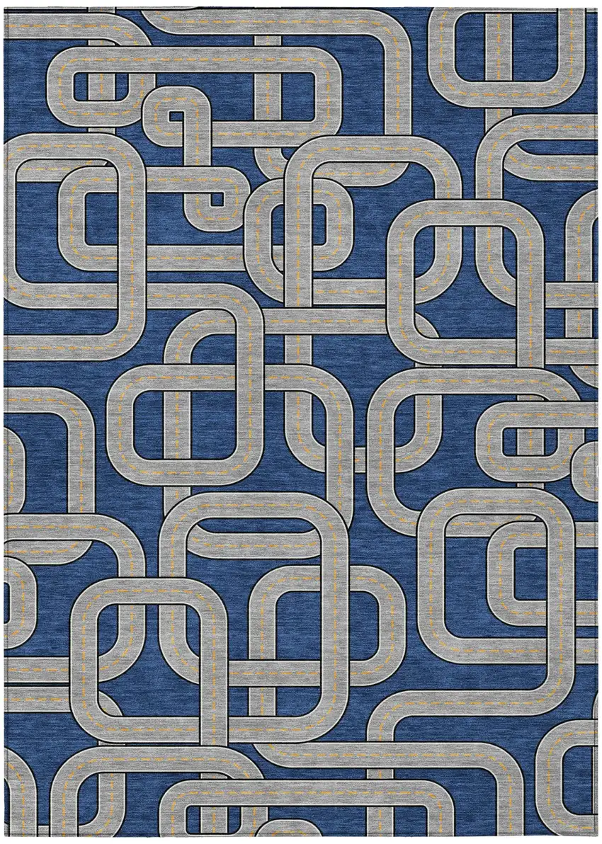 Blue And Gray Geometric Washable Indoor Outdoor Area Rug Photo 2