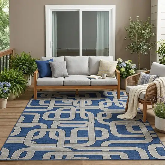 Blue And Gray Geometric Washable Indoor Outdoor Area Rug Photo 1