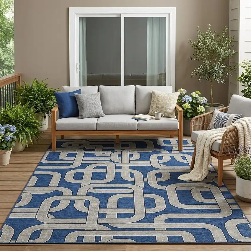 Blue And Gray Geometric Washable Indoor Outdoor Area Rug Photo 1