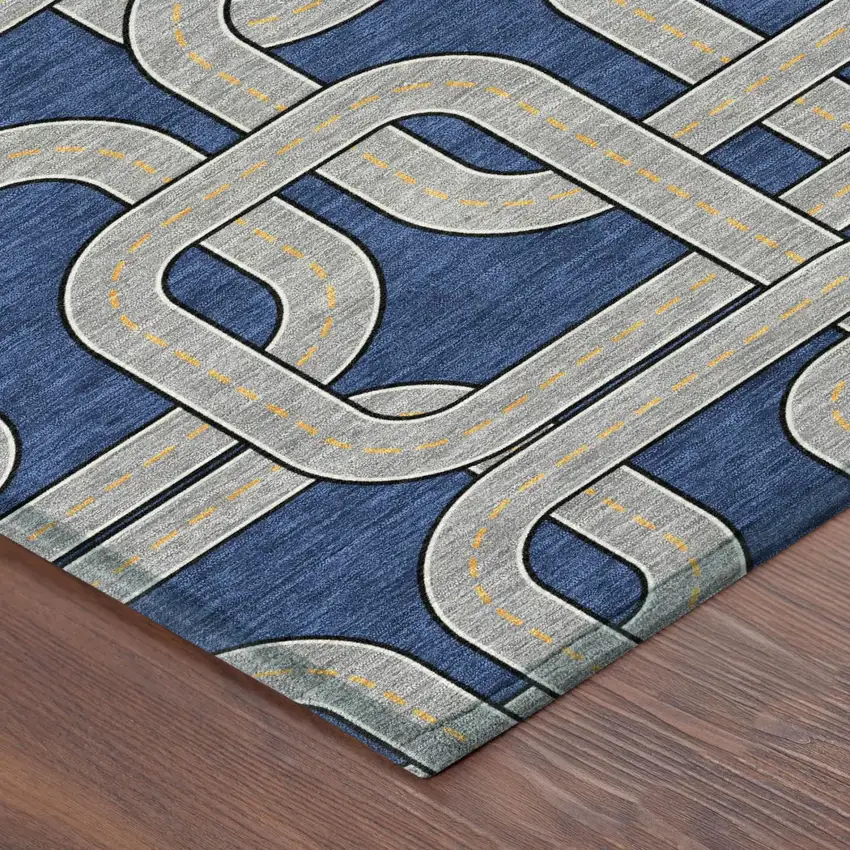 Blue And Gray Geometric Washable Indoor Outdoor Area Rug Photo 3