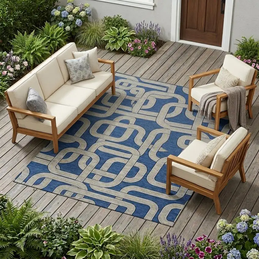 Blue And Gray Geometric Washable Indoor Outdoor Area Rug Photo 1
