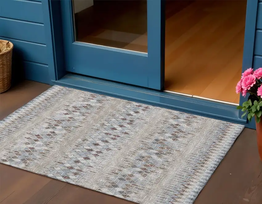 Blue And Gray Ikat Washable Indoor Outdoor Area Rug Photo 1