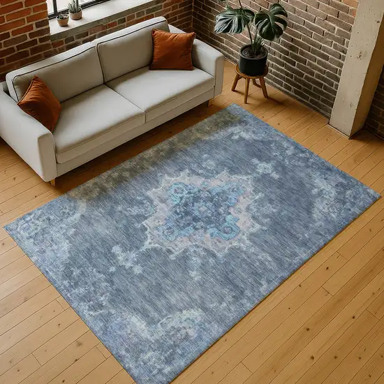 Blue And Gray Medallion Washable Indoor Outdoor Area Rug Photo 9