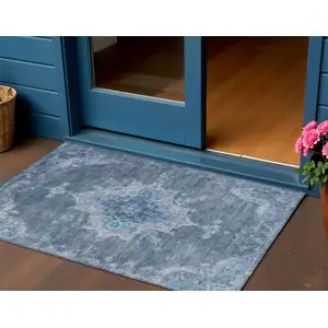 Photo of Blue And Gray Medallion Washable Indoor Outdoor Area Rug