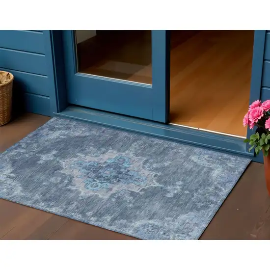 Blue And Gray Medallion Washable Indoor Outdoor Area Rug Photo 1