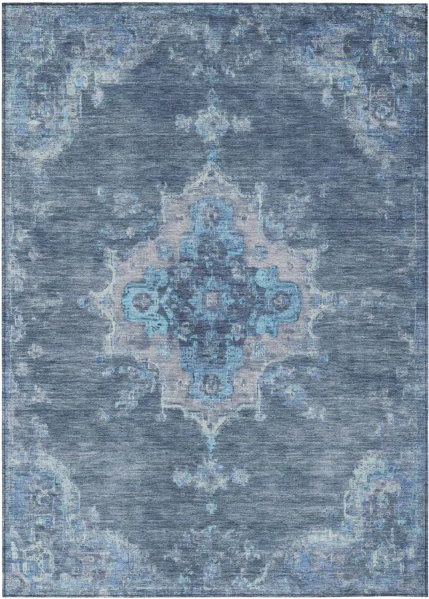 Blue And Gray Medallion Washable Indoor Outdoor Area Rug Photo 2