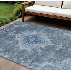 Photo of Blue And Gray Medallion Washable Indoor Outdoor Area Rug