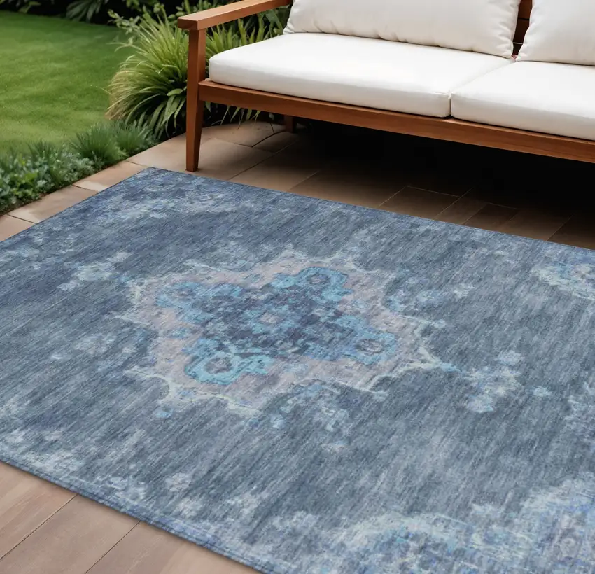 Blue And Gray Medallion Washable Indoor Outdoor Area Rug Photo 1