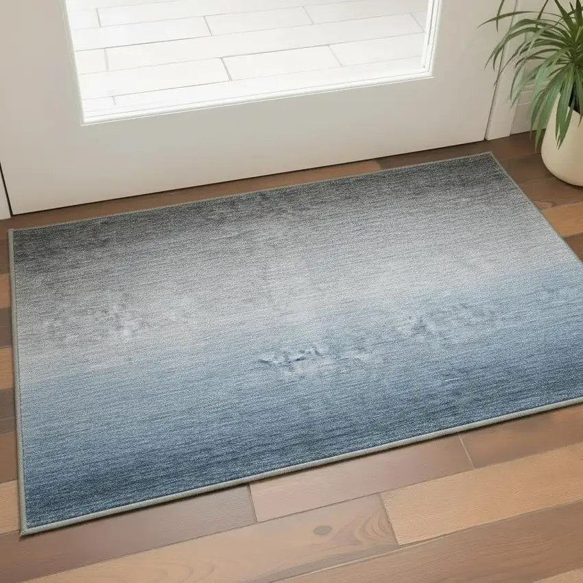 Blue And Gray Ombre Washable Area Rug With UV Protection Photo 2
