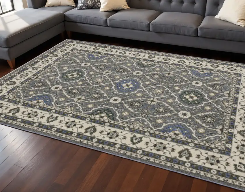 Blue And Gray Oriental Area Rug With Fringe Photo 1