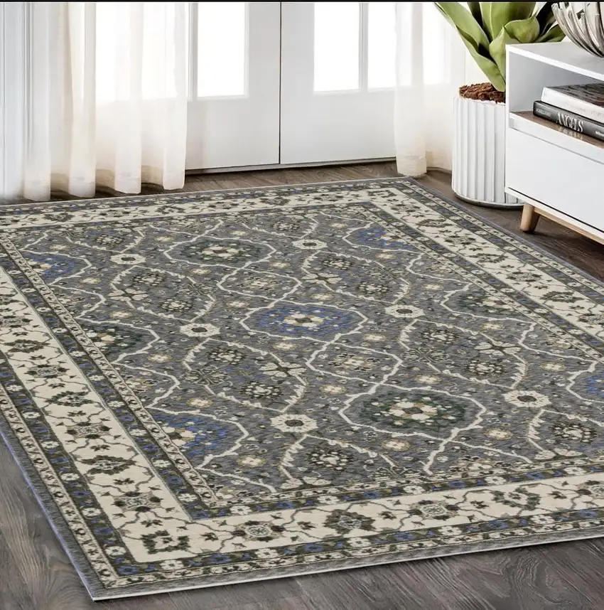 Blue And Gray Oriental Area Rug With Fringe Photo 1