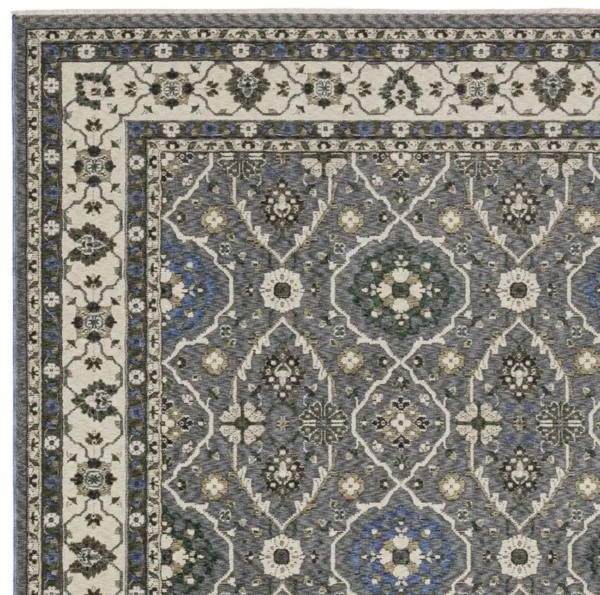 Blue And Gray Oriental Area Rug With Fringe Photo 7