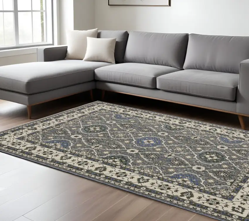 Blue And Gray Oriental Area Rug With Fringe Photo 1