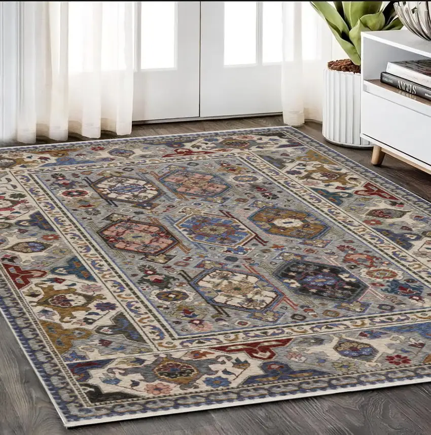 Blue And Gray Oriental Area Rug With Fringe Photo 1