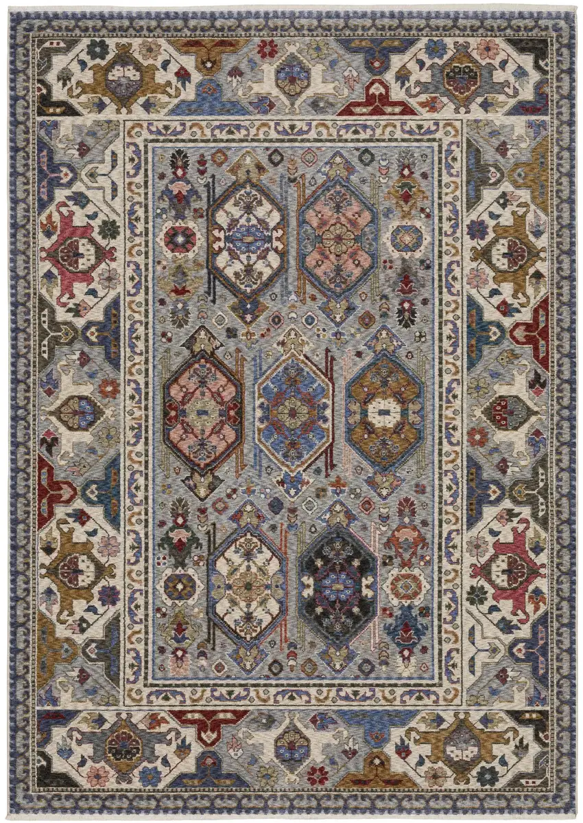 Blue And Gray Oriental Area Rug With Fringe Photo 2