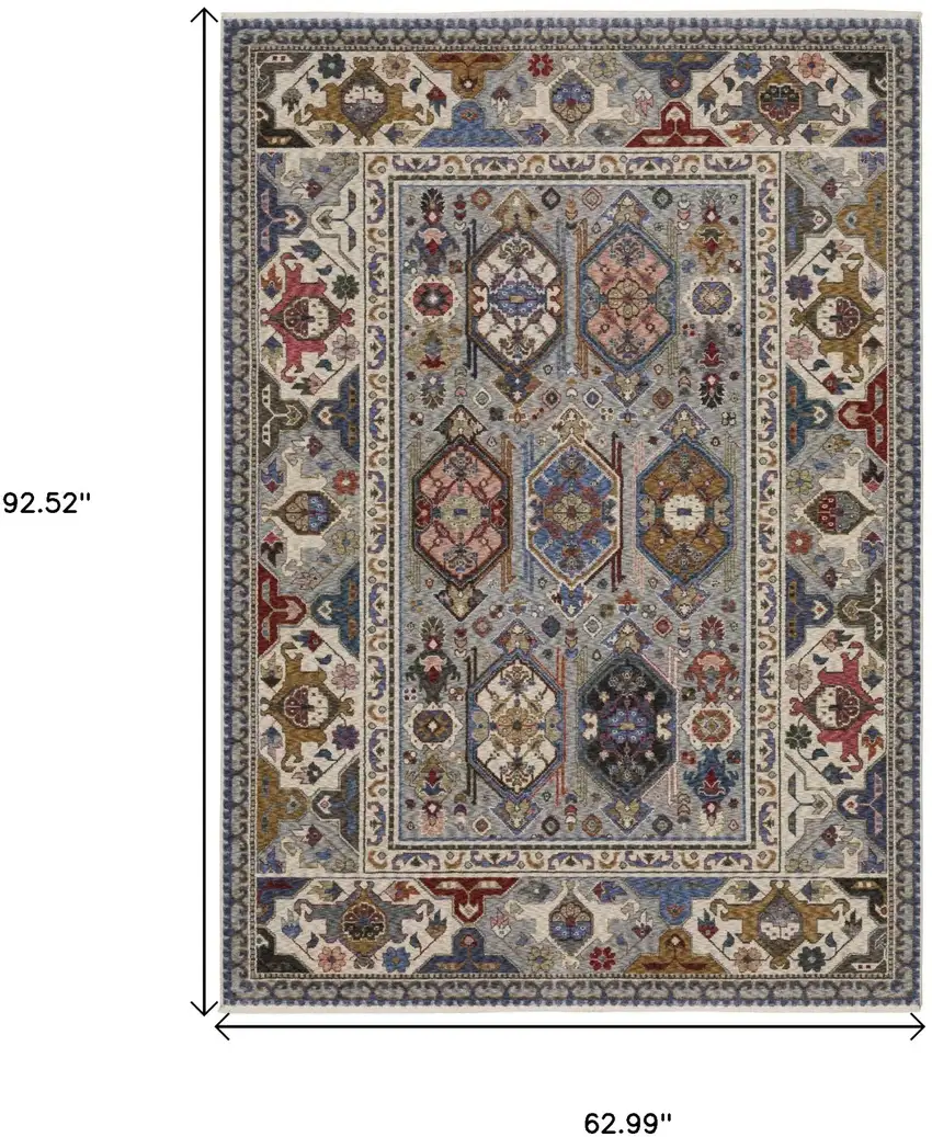 Blue And Gray Oriental Area Rug With Fringe Photo 3
