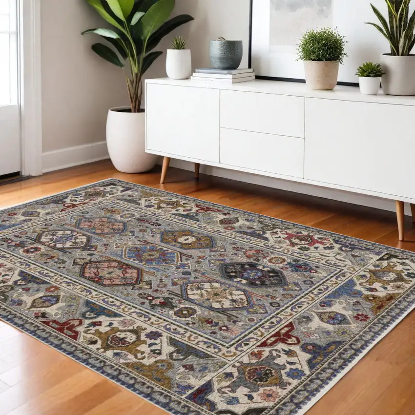 Blue And Gray Oriental Area Rug With Fringe Photo 1