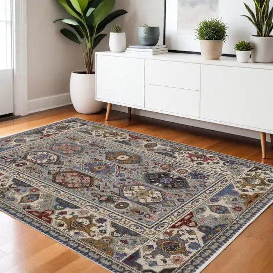 Blue And Gray Oriental Area Rug With Fringe Photo 1
