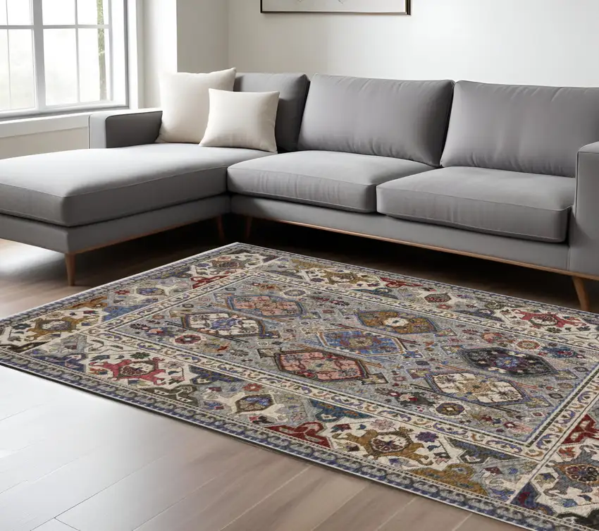 Blue And Gray Oriental Area Rug With Fringe Photo 1