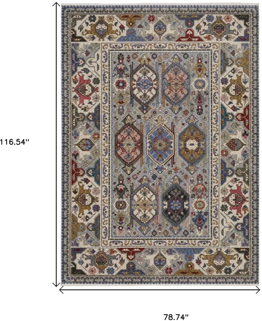 Blue And Gray Oriental Area Rug With Fringe Photo 3