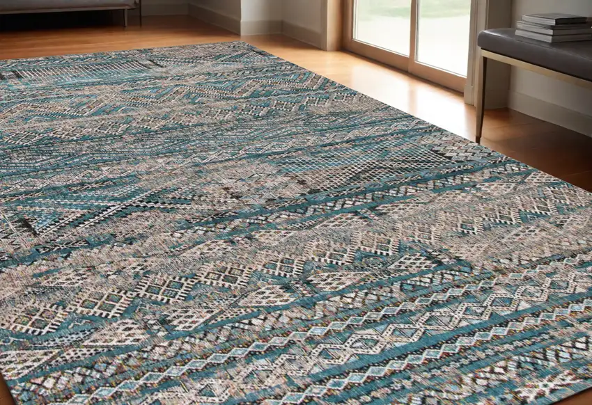 Blue And Gray Oriental Kilim Washable Area Rug Photo 1