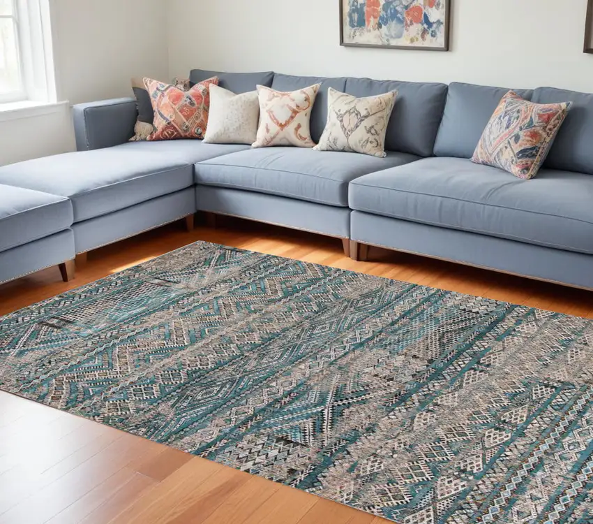Blue And Gray Oriental Kilim Washable Area Rug Photo 1