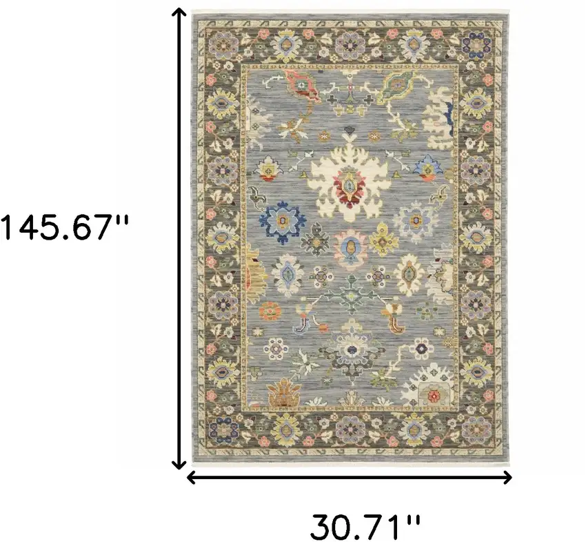 Blue And Gray Oriental Power Loom Runner Rug With Fringe Photo 8