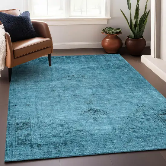 Blue And Gray Oriental Washable Area Rug With UV Protection Photo 4