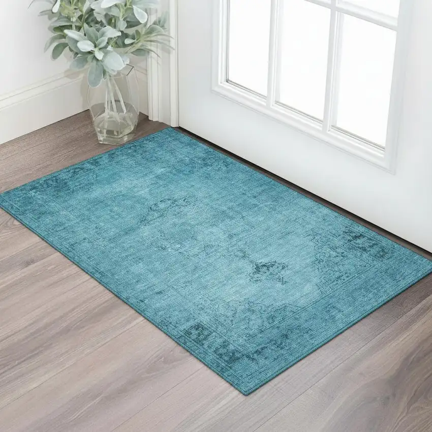 Blue And Gray Oriental Washable Area Rug With UV Protection Photo 1