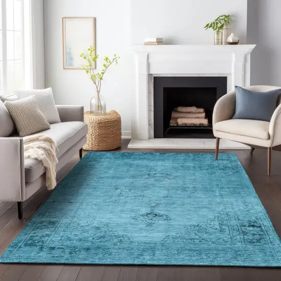 Blue And Gray Oriental Washable Area Rug With UV Protection Photo 3