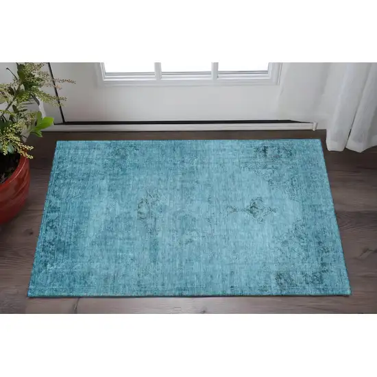 Blue And Gray Oriental Washable Area Rug With UV Protection Photo 2
