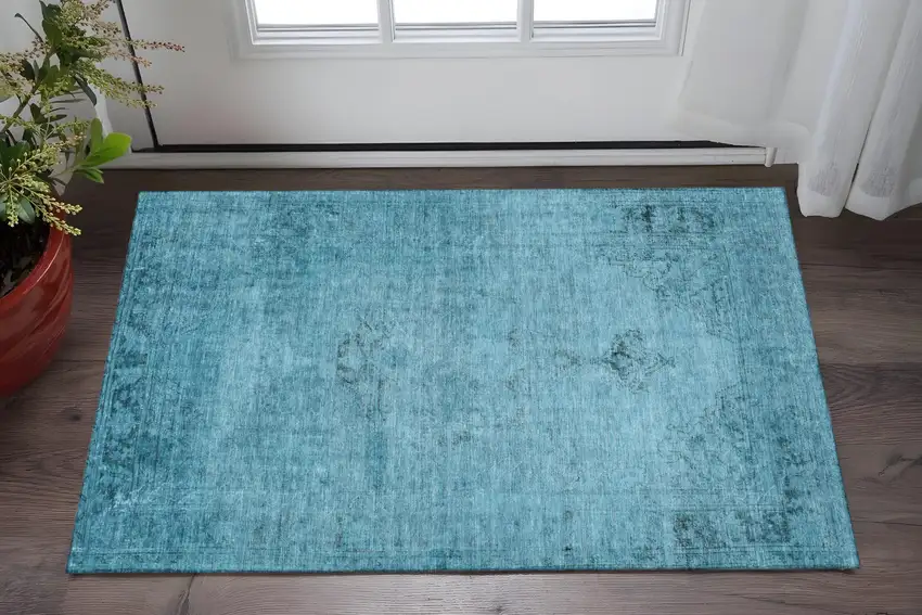 Blue And Gray Oriental Washable Area Rug With UV Protection Photo 2