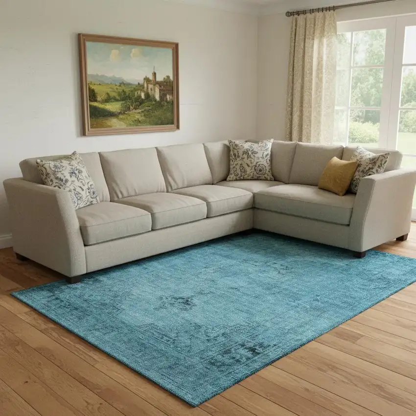 Blue And Gray Oriental Washable Area Rug With UV Protection Photo 1