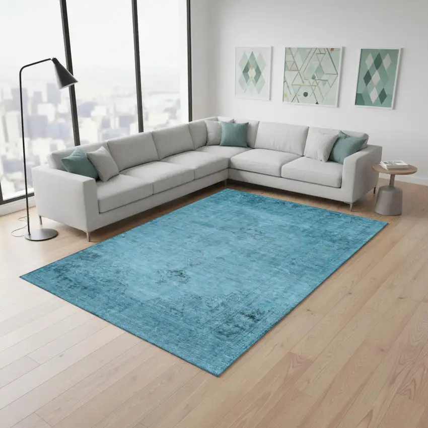 Blue And Gray Oriental Washable Area Rug With UV Protection Photo 1