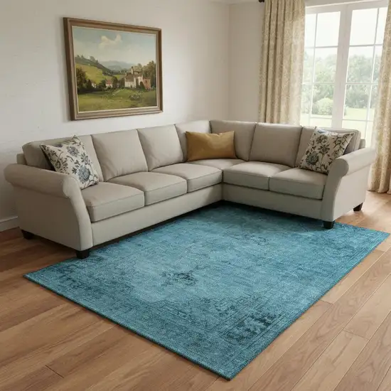 Blue And Gray Oriental Washable Area Rug With UV Protection Photo 1