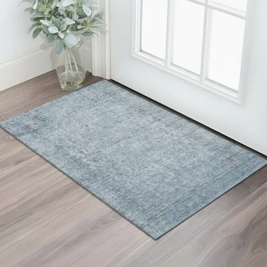 Blue And Gray Oriental Washable Area Rug With UV Protection Photo 2