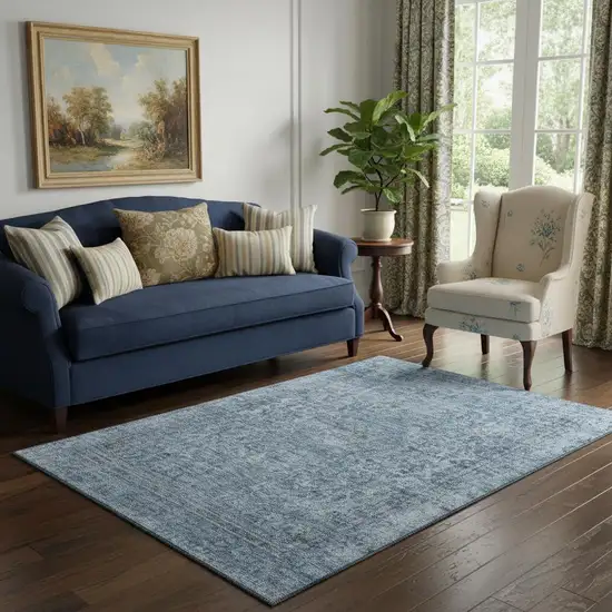 Blue And Gray Oriental Washable Area Rug With UV Protection Photo 2