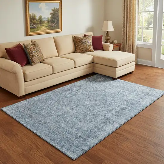 Blue And Gray Oriental Washable Area Rug With UV Protection Photo 2