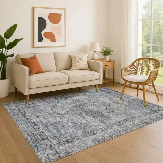 Blue And Gray Oriental Washable Area Rug With UV Protection Photo 4