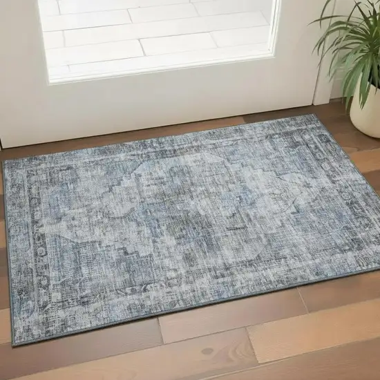 Blue And Gray Oriental Washable Area Rug With UV Protection Photo 2