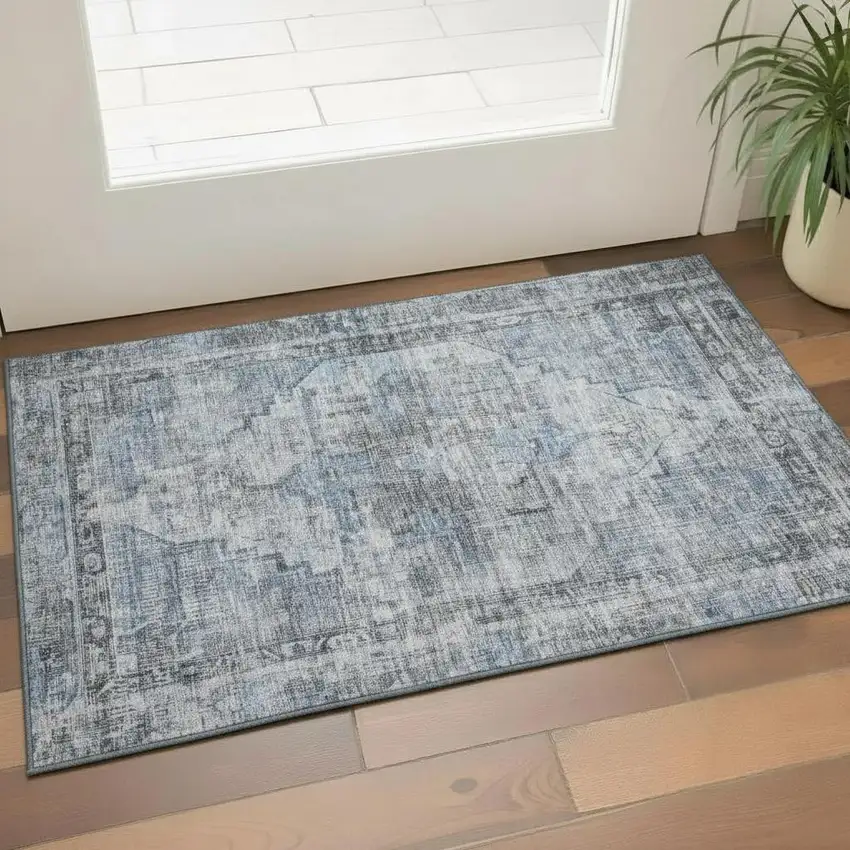 Blue And Gray Oriental Washable Area Rug With UV Protection Photo 2