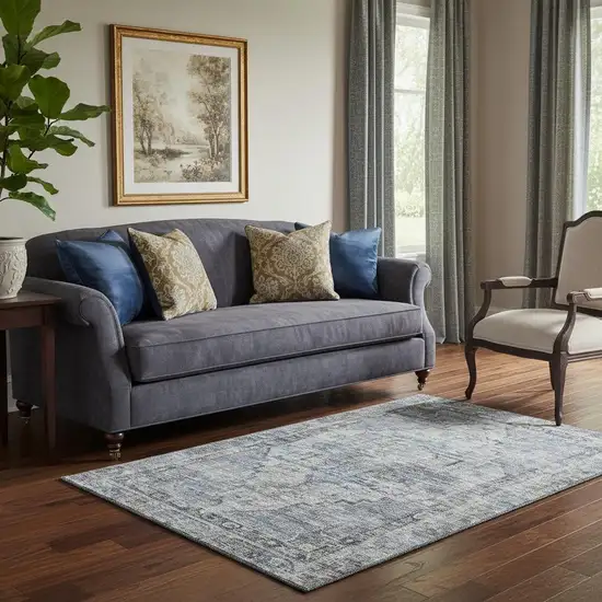 Blue And Gray Oriental Washable Area Rug With UV Protection Photo 2