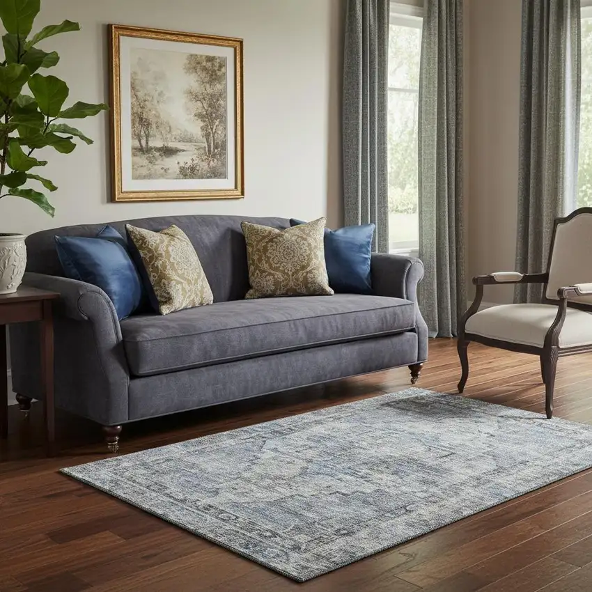 Blue And Gray Oriental Washable Area Rug With UV Protection Photo 2