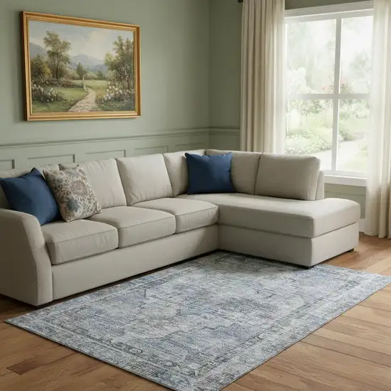 Blue And Gray Oriental Washable Area Rug With UV Protection Photo 2