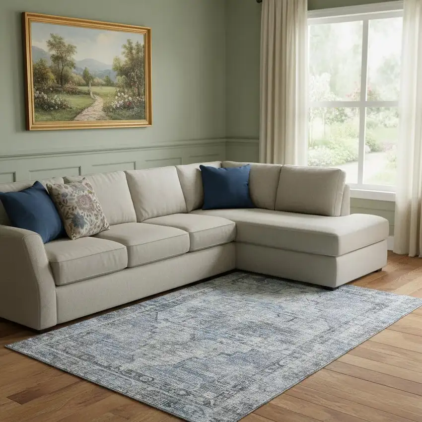 Blue And Gray Oriental Washable Area Rug With UV Protection Photo 2