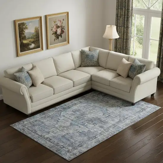 Blue And Gray Oriental Washable Area Rug With UV Protection Photo 2