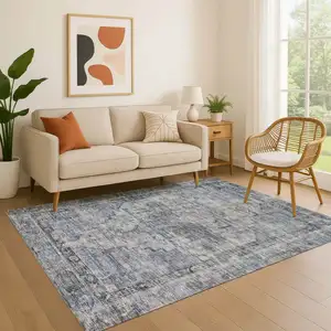 Photo of Blue And Gray Oriental Washable Area Rug With UV Protection