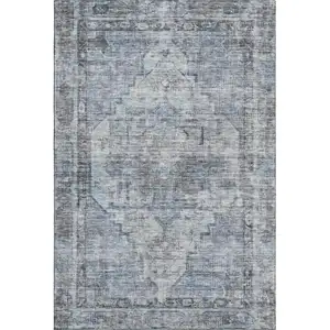 Photo of Blue And Gray Oriental Washable Area Rug With UV Protection
