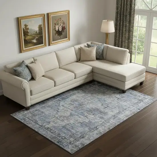 Blue And Gray Oriental Washable Area Rug With UV Protection Photo 2