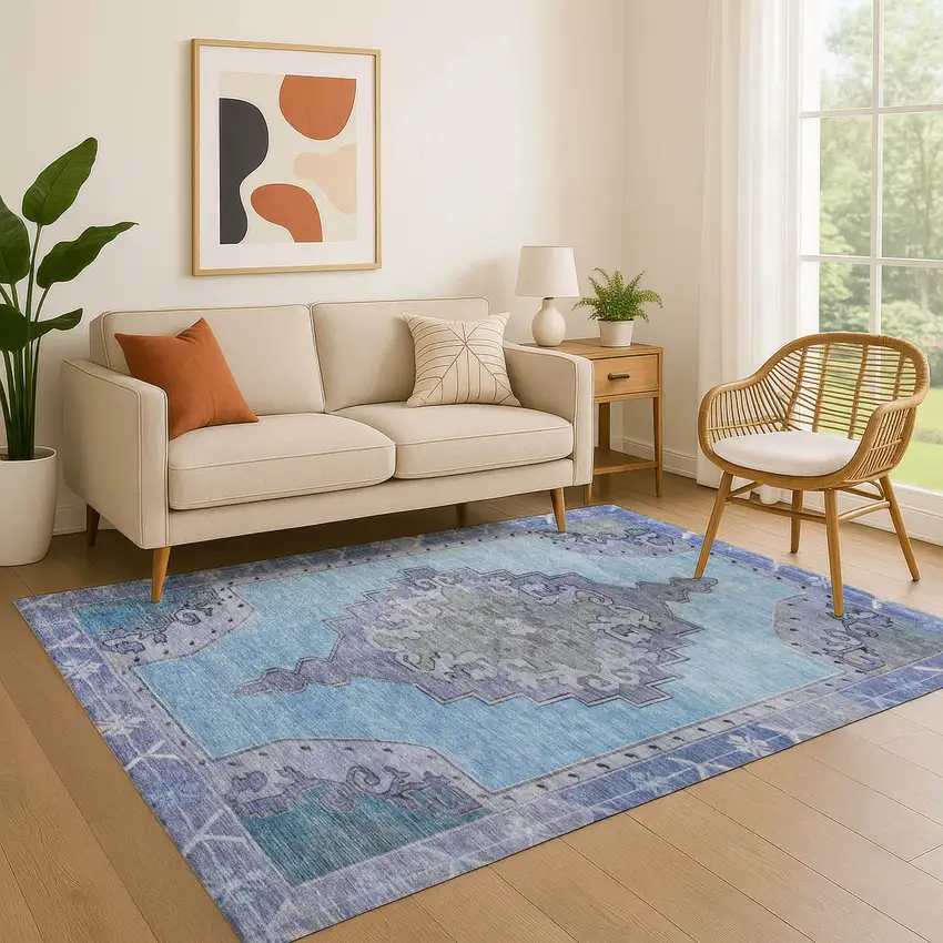 Blue And Gray Oriental Washable Area Rug With UV Protection Photo 4